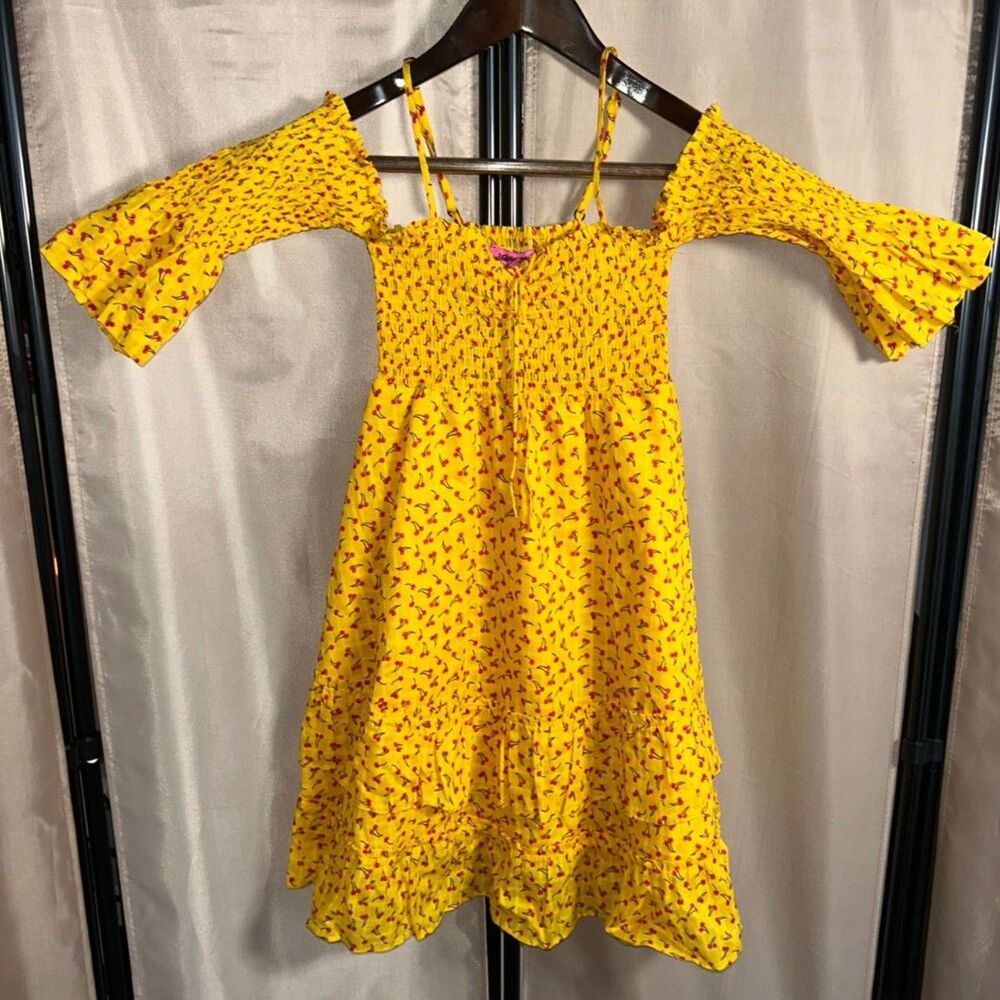 NWT Betsey Johnson Sz. XS Yellow Cherry Print Smocked Cold Shoulder Mini Dress